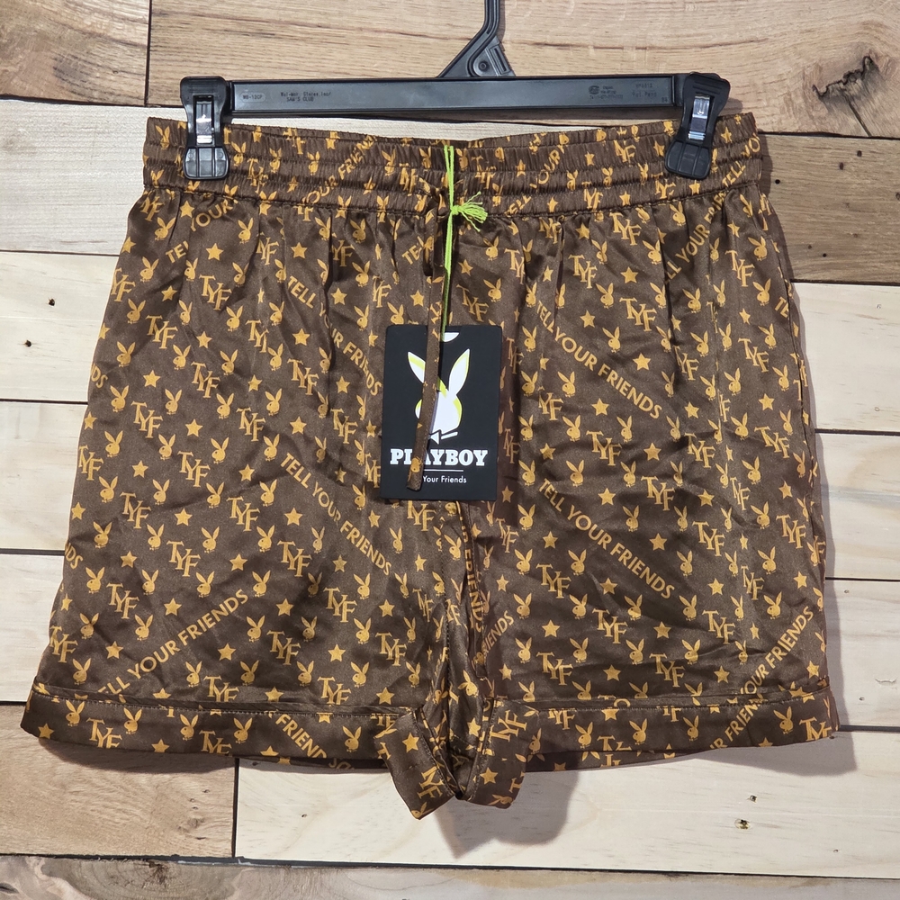 Playboy x Tell Your Friends TYF Silk Satin Lounge Shorts Brown Gold Luxury Women